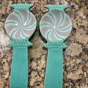 2 New Mint Green and Gray Swirl Ceramic Spoons